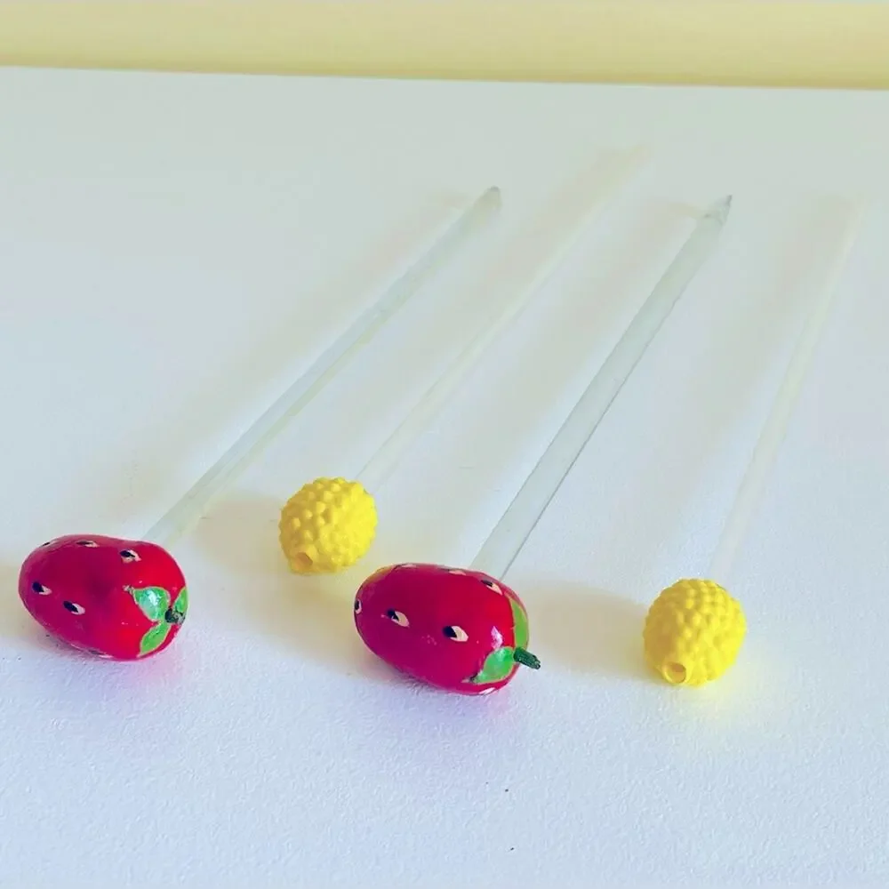 Vtg Glass Swizzle Sticks Paper Mache Strawberry Pineapple Stirrers Blown Glass